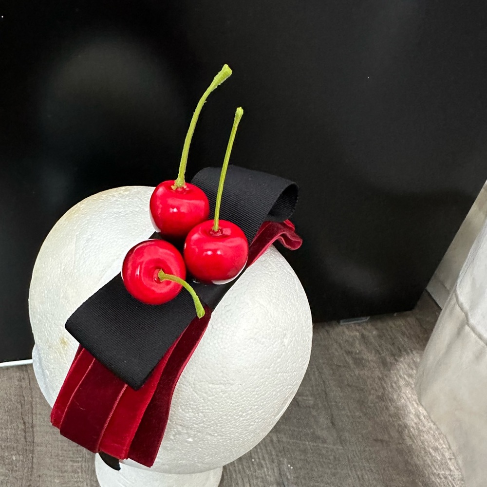 Handmade Designer Fascinator Headband Cherries Red Black Velvet Bow - Picture 4 of 15
